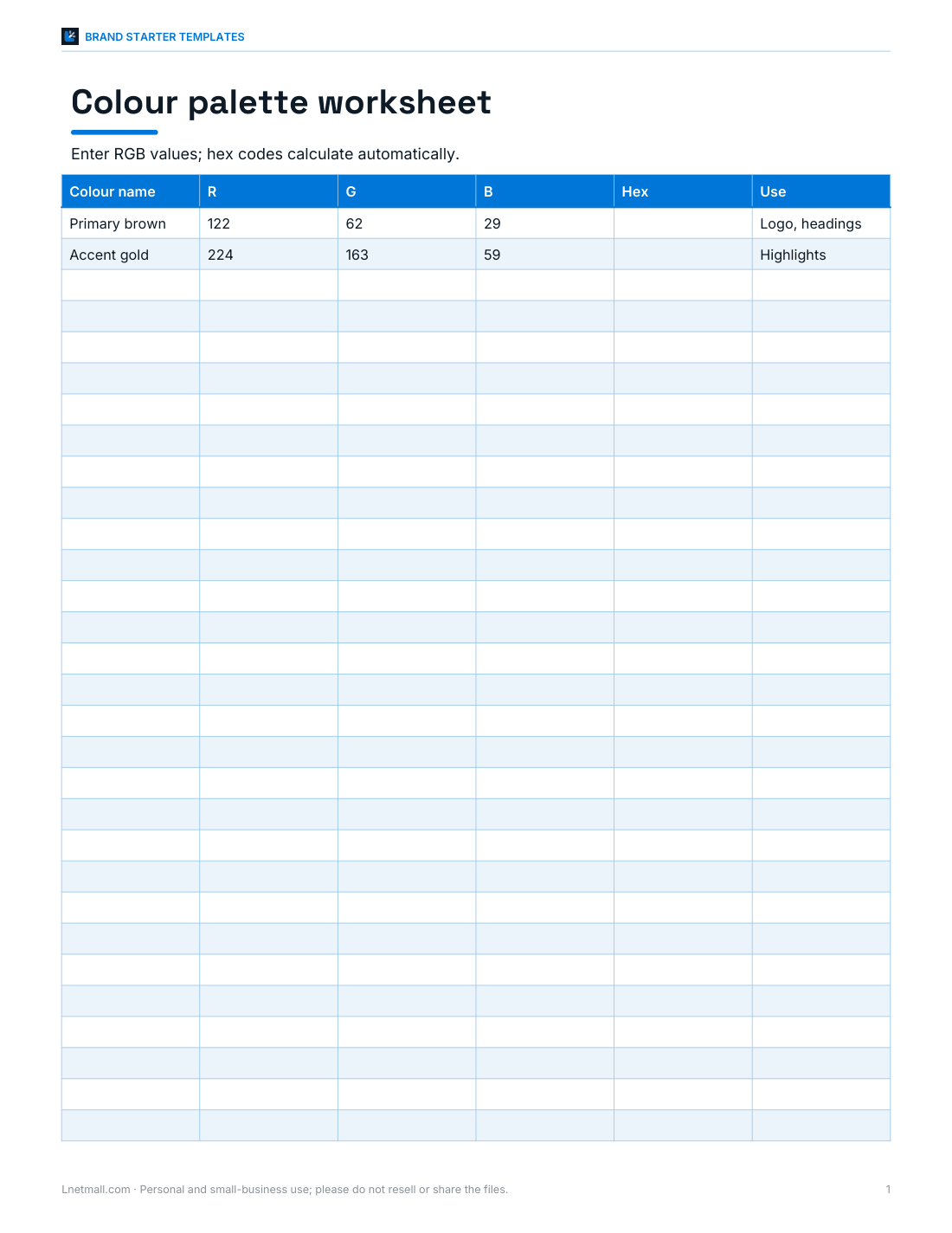 Preview of the first page of Colour palette (XLSX)