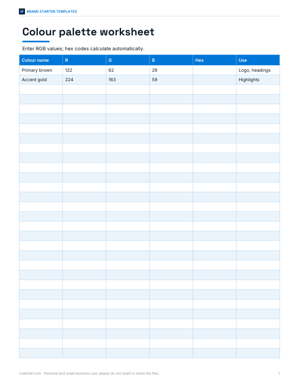 Preview of Printable Colour Palette Worksheet